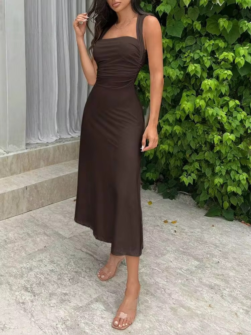 Brown Square-Neck Midi Dress